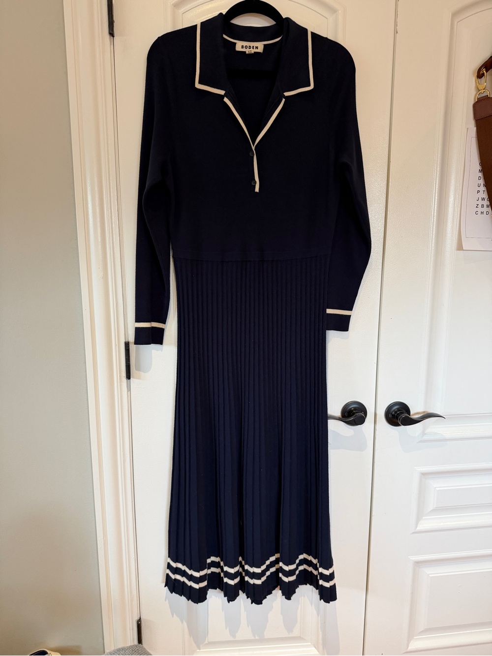 Boden Navy Long-Sleeve Polo Pleated Midi Dress with Cream Trim